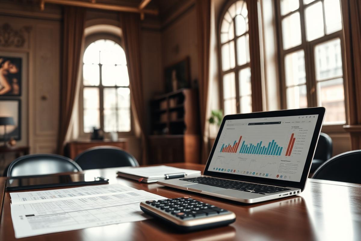 Schreibtisch mit Finanzunterlagen und Laptop in einem Wiener Altbaubüro